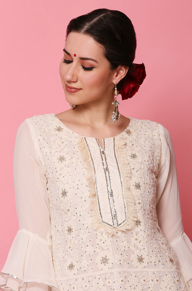Kudi with a Swag!! - Lucknowi Kurta with Tulip Pants - Ivory