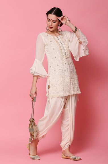 Kudi with a Swag!! - Lucknowi Kurta with Tulip Pants - Ivory