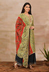 SANJH- Rust And Green Pleated Palazzo Pant, Kurta, Dupatta Set