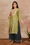 SANJH- Rust And Green Pleated Palazzo Pant, Kurta, Dupatta Set