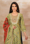 SANJH- Rust And Green Pleated Palazzo Pant, Kurta, Dupatta Set