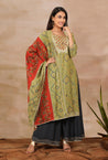 SANJH- Rust And Green Pleated Palazzo Pant, Kurta, Dupatta Set