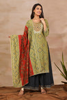 SANJH- Rust And Green Pleated Palazzo Pant, Kurta, Dupatta Set