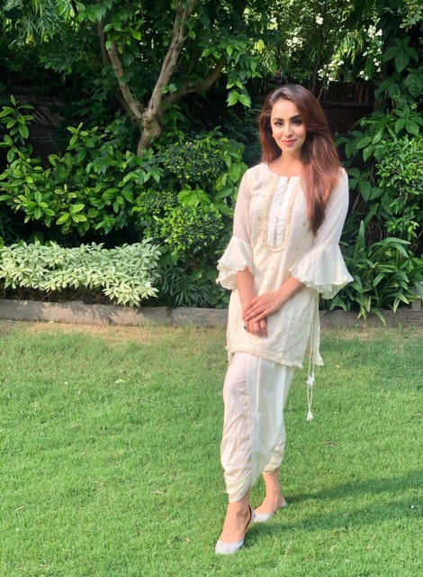 Kudi with a Swag!! - Lucknowi Kurta with Tulip Pants - Ivory