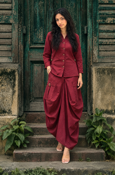 REZAAR- Maroon Drape Skirt Co-Ord Set with Shirt Top