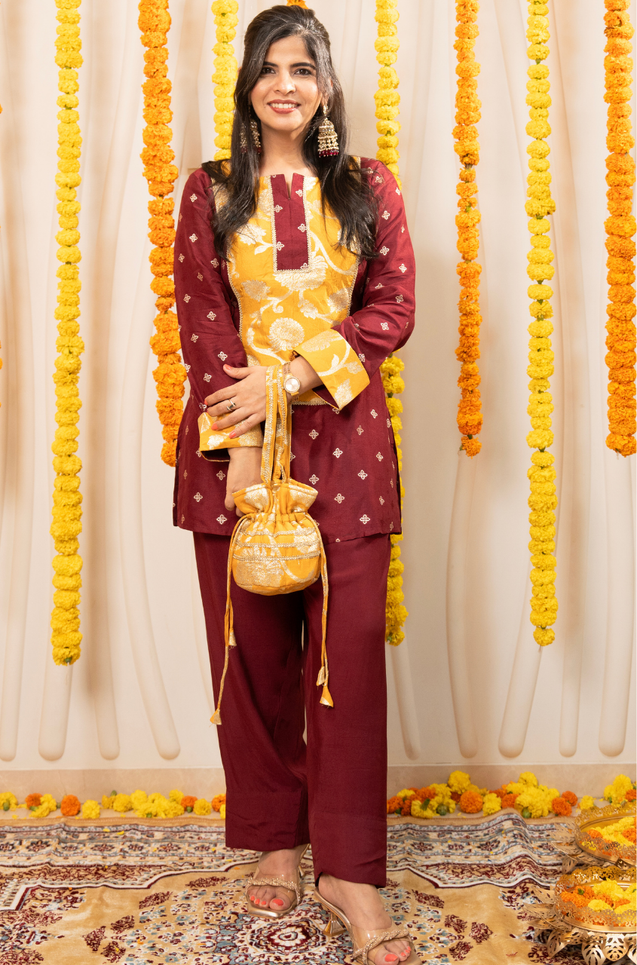 PHULJARI - Elegant Maroon Farshi Salwar Set With Potli Bag