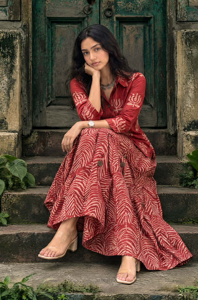 ROZANA- Red Lotus Drape Skirt Set