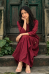 REZAAR- Maroon Drape Skirt Co-Ord Set with Shirt Top
