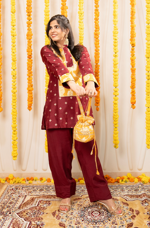 PHULJARI - Elegant Maroon Farshi Salwar Set With Potli Bag