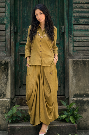 REZAAR- Olive Green Drape Skirt Co-ord Set with Shirt