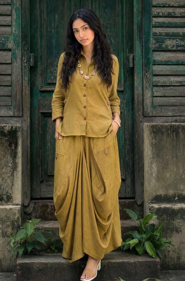 REZAAR- Olive Green Drape Skirt Co-ord Set with Shirt