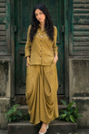 REZAAR- Olive Green Drape Skirt Co-ord Set with Shirt
