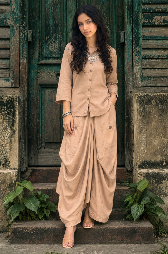 REZAAR- Beige Drape Skirt Co-Ord Set with Shirt Top