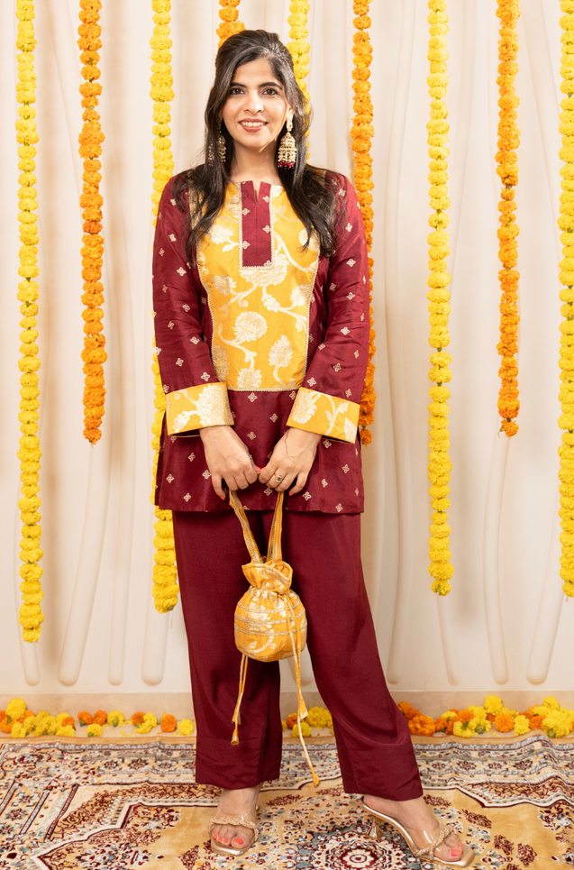 PHULJARI - Elegant Maroon Farshi Salwar Set With Potli Bag