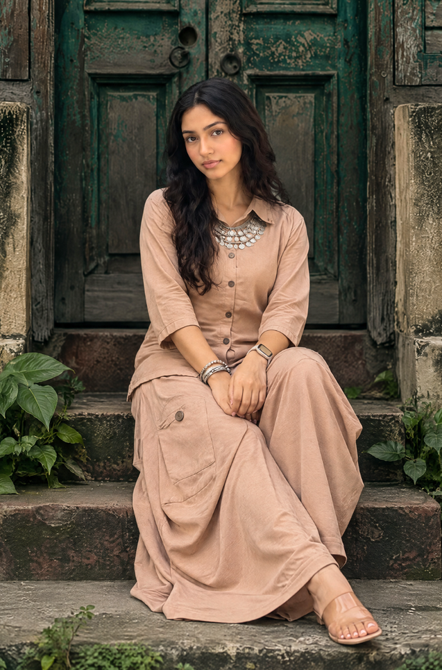 REZAAR- Beige Drape Skirt Co-Ord Set with Shirt Top