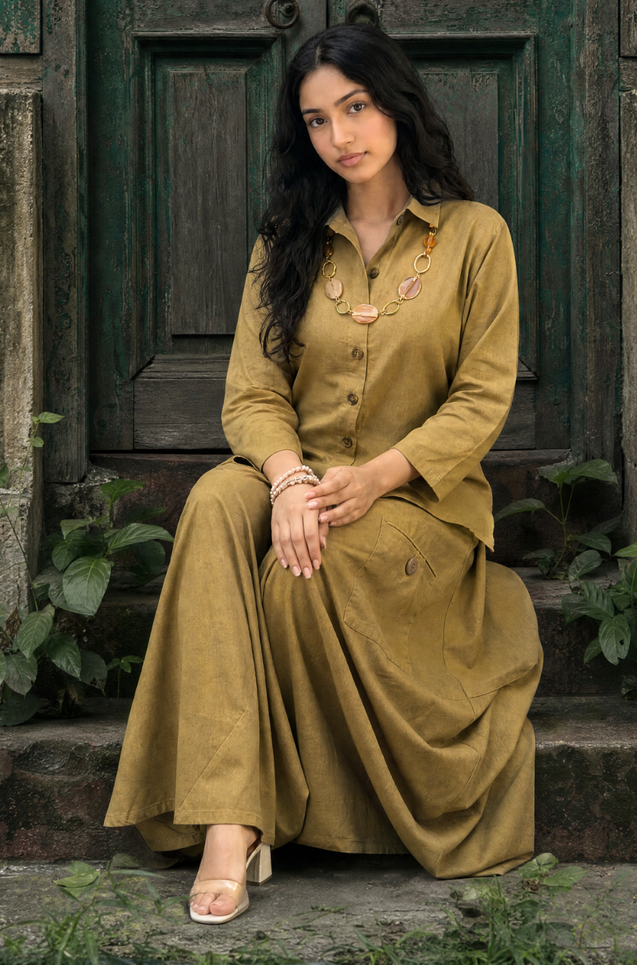 REZAAR- Olive Green Drape Skirt Co-ord Set with Shirt
