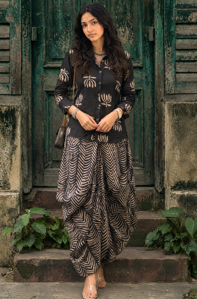 ROZANA- Black Lotus Printed Drape Skirt With Short Shirt