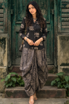ROZANA- Black Lotus Printed Drape Skirt With Short Shirt