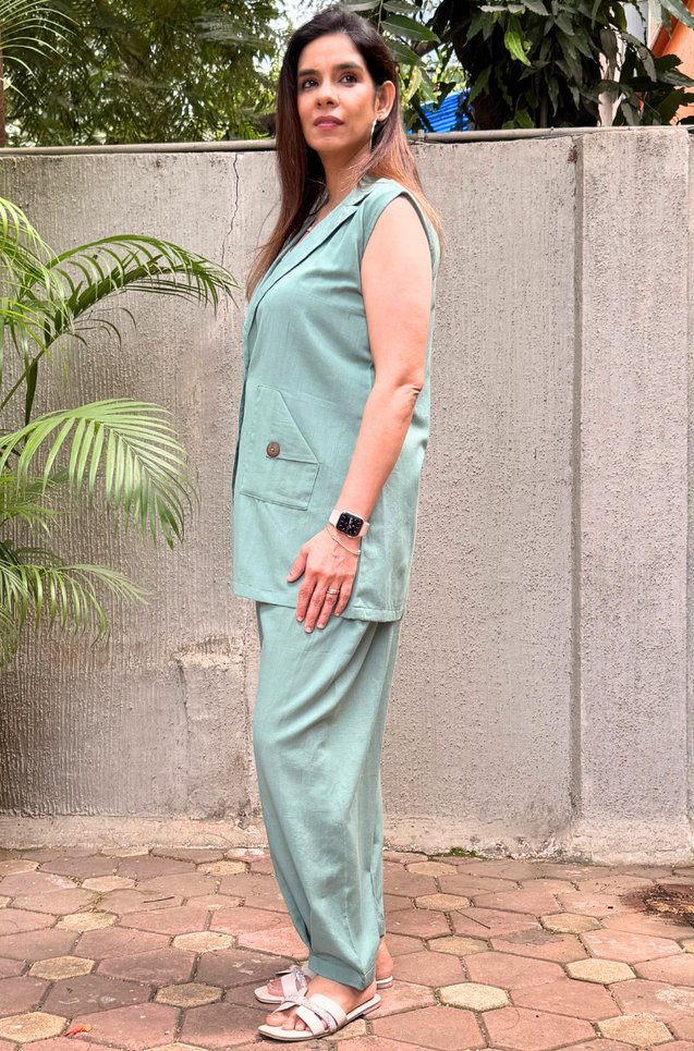 REZAAR- Sea Green Blazer With Bustier and cuffed Pants