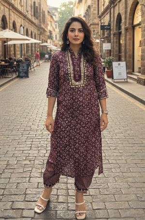DESI SWAG -   Maroon Floral Printed Pathani Set