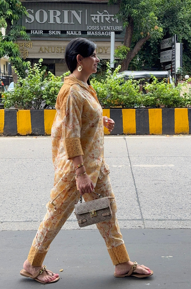 Mustard Floral Printed Hakoba Co-ord set