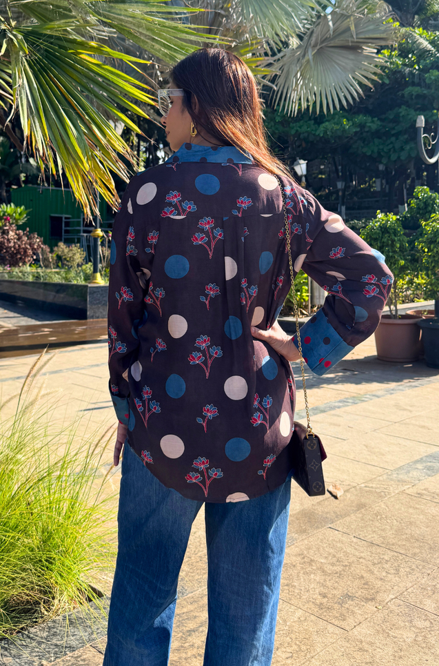 Jazba-Brown Polka Bloom Printed Shirt