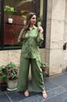 Rozana- Olive Green Shirt Collar Cutwork Co-Ord Set with Straight Pants