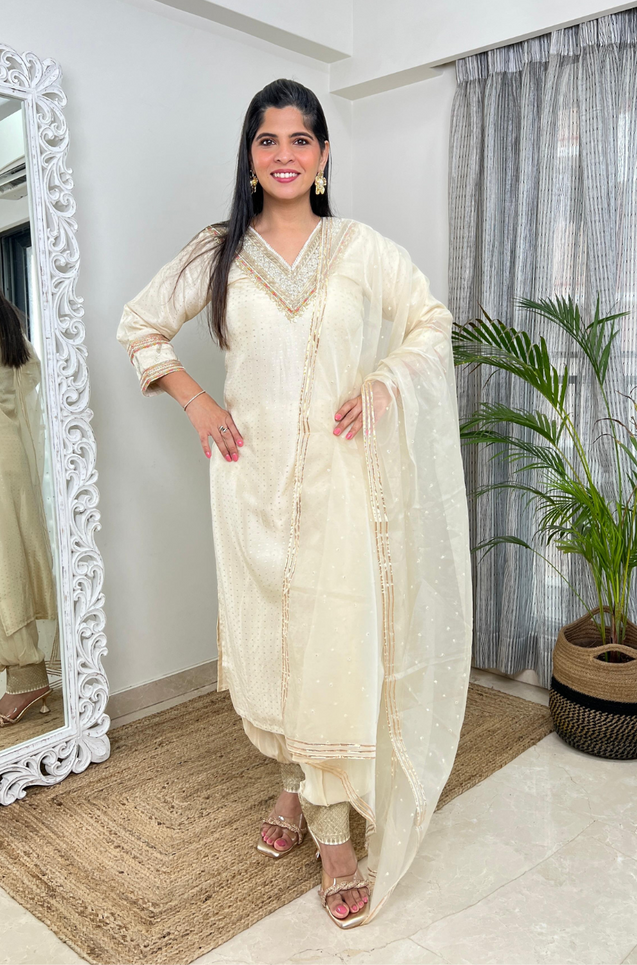 Noorani-White Pearl Three Piece Suit Set