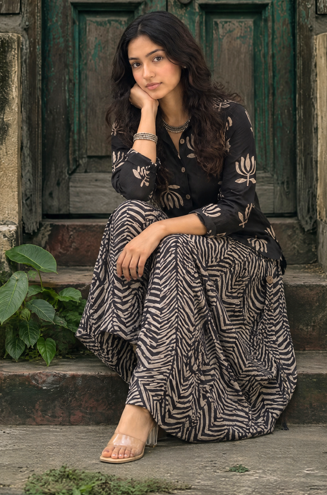 ROZANA- Black Lotus Printed Drape Skirt With Short Shirt