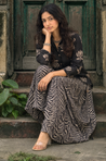 ROZANA- Black Lotus Printed Drape Skirt With Short Shirt