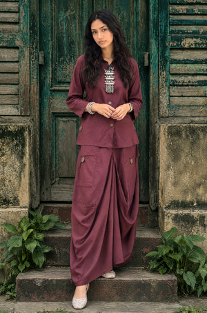 REZAAR-Brown Drape Skirt Co-Ord Set with Shirt Top