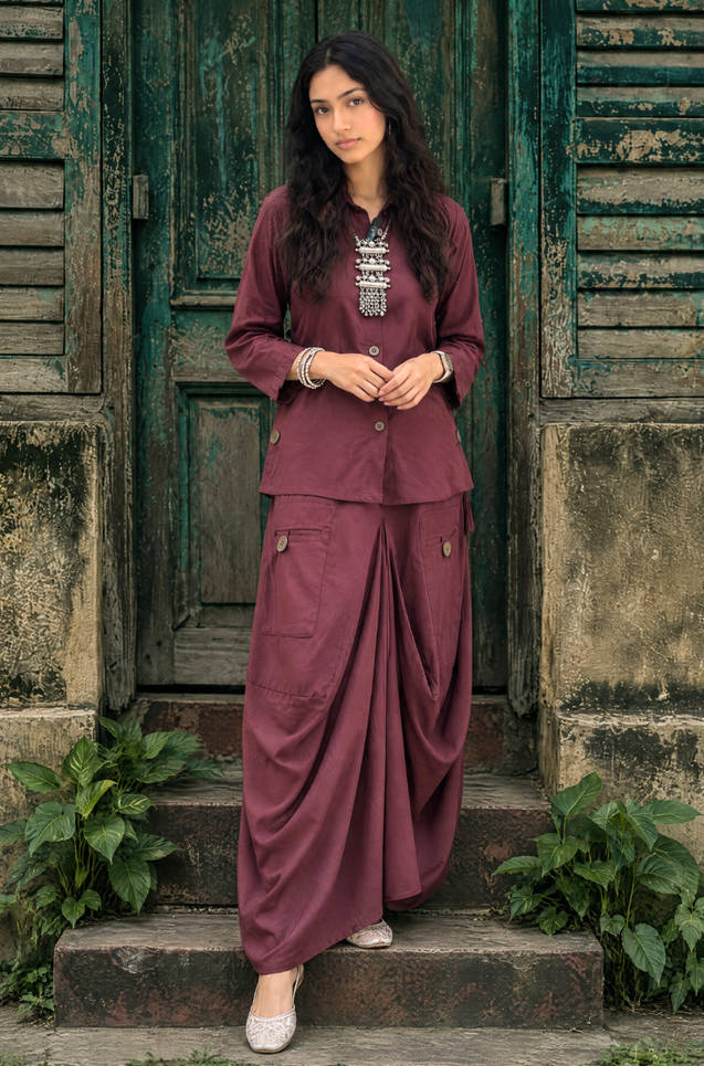 REZAAR-Brown Drape Skirt Co-Ord Set with Shirt Top