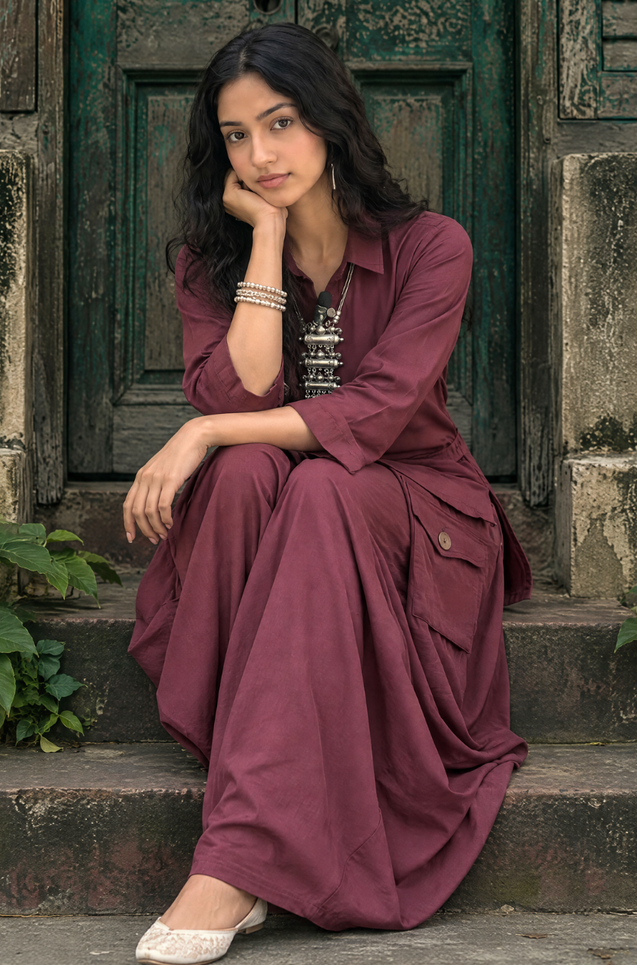 REZAAR-Brown Drape Skirt Co-Ord Set with Shirt Top