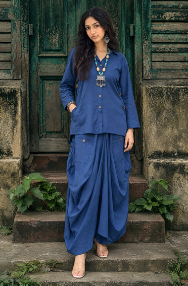 REZAAR-Navy Blue Drape Skirt Co-Ord Set with Shirt Top