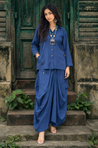 REZAAR-Navy Blue Drape Skirt Co-Ord Set with Shirt Top