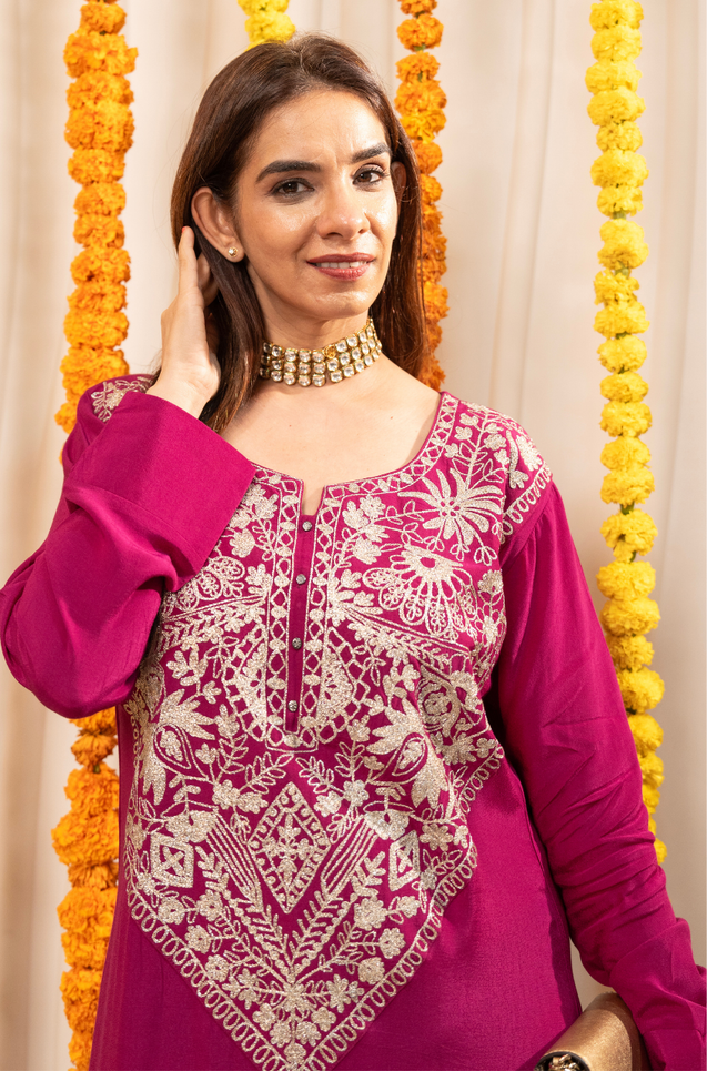 NAZM-  Kasab Embroidered Deep Wine  Ethnic Dress