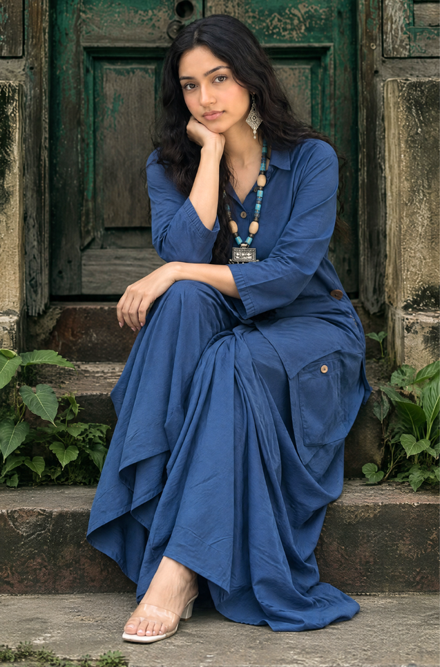REZAAR-Navy Blue Drape Skirt Co-Ord Set with Shirt Top