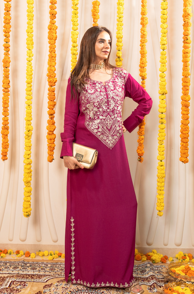 NAZM-  Kasab Embroidered Deep Wine  Ethnic Dress