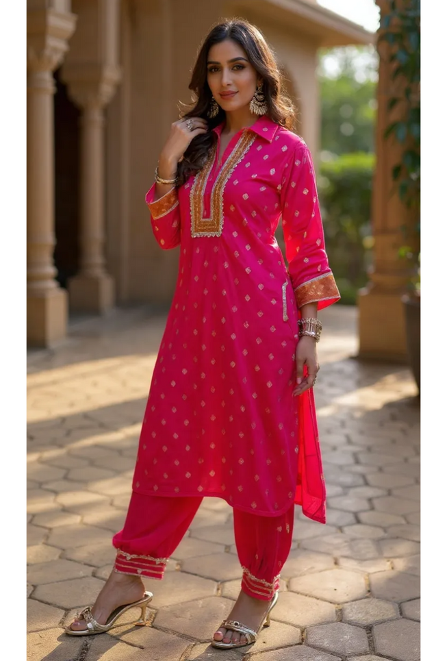 PHULJARI-Bright Pink Festive Jacquard Pathani Set