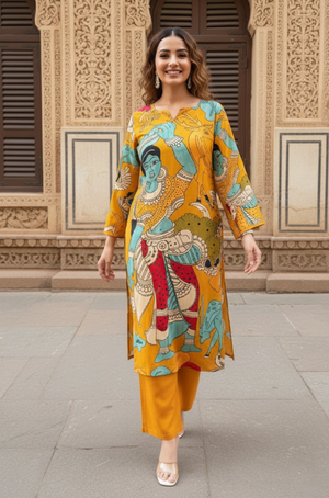Yellow Printed Straight fit Kurta With  Pants