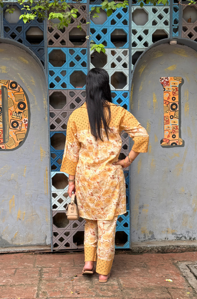 Mustard Floral Printed Hakoba Co-ord set