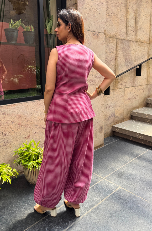 Rozana - Rose Pink Gingham Waistcoat & Balloon Pant Co-Ord Set