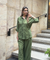Rozana- Olive Green Shirt Collar Cutwork Co-Ord Set with Straight Pants