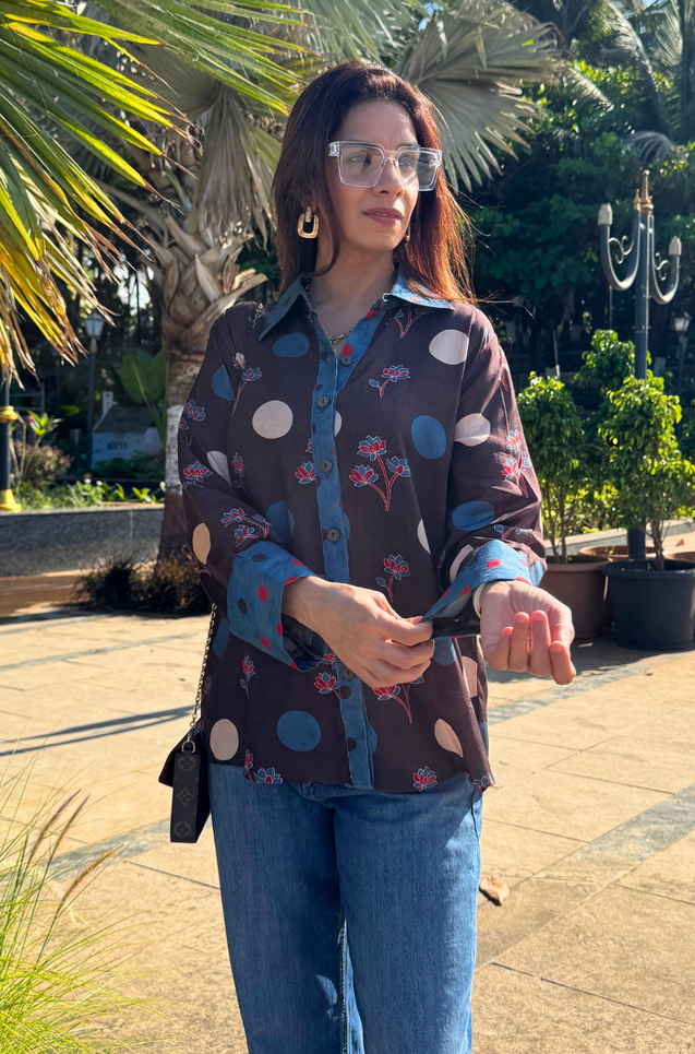 Jazba-Brown Polka Bloom Printed Shirt