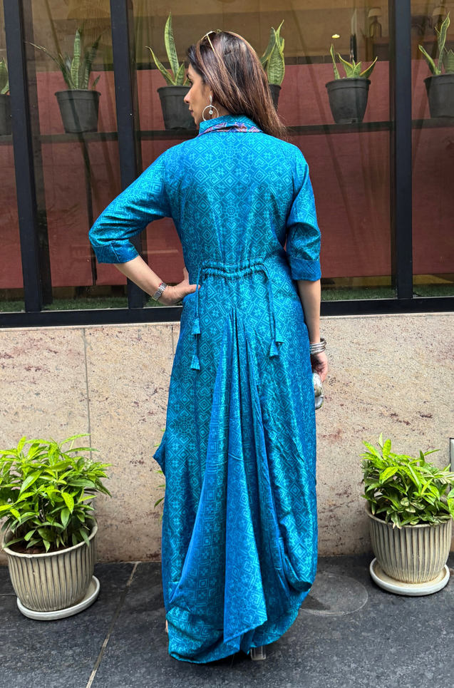 Festive -Blue Elegant Fusion Patola Printed Drape  Dress