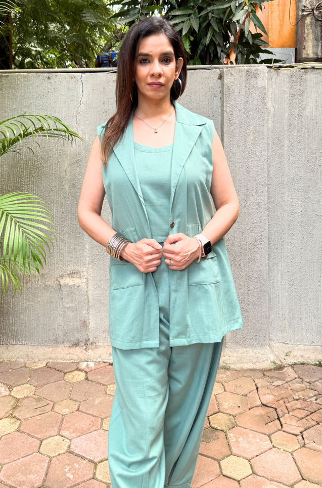 REZAAR- Sea Green Blazer With Bustier and cuffed Pants