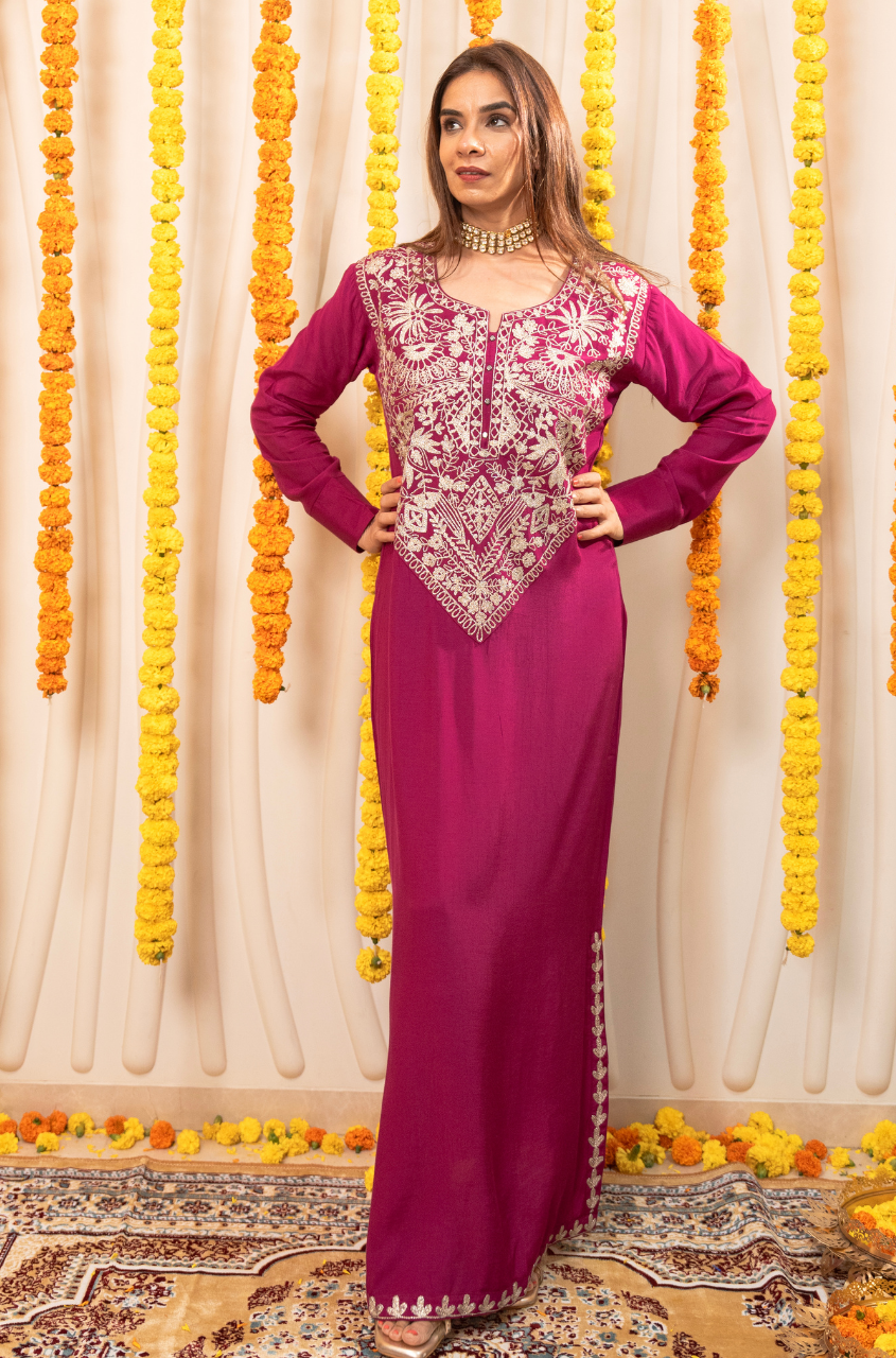 NAZM- Kasab Embroidered Deep Wine Ethnic Dress - Ishnya NAZM- Kasab Embroidered Deep Wine Ethnic Dress - Ishnya