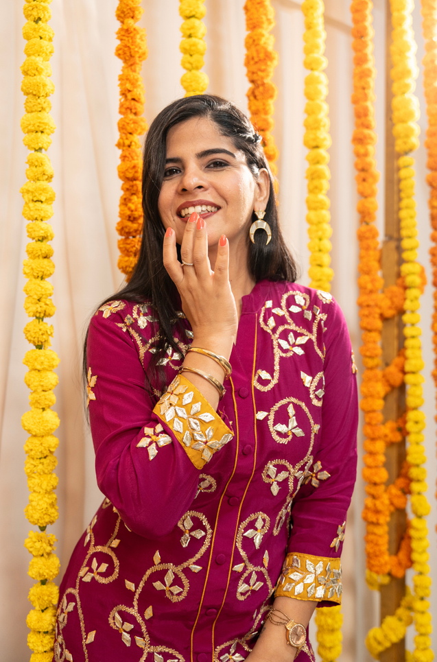 NAZM-  Magenta Pink Embroidered Two Piece Pathani Set