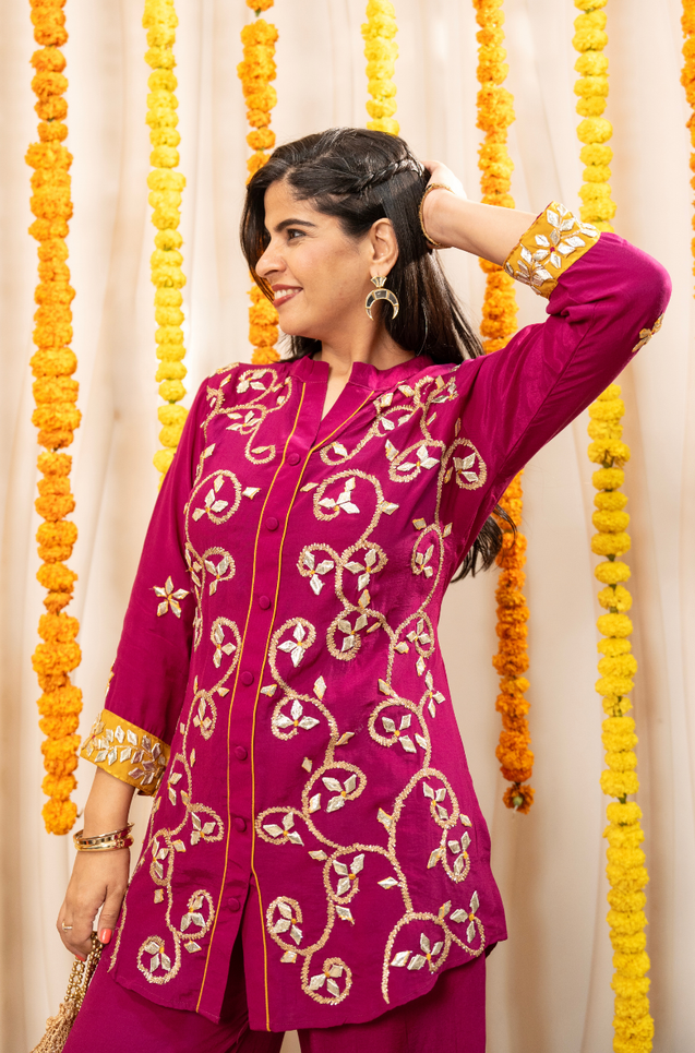 NAZM-  Magenta Pink Embroidered Two Piece Pathani Set