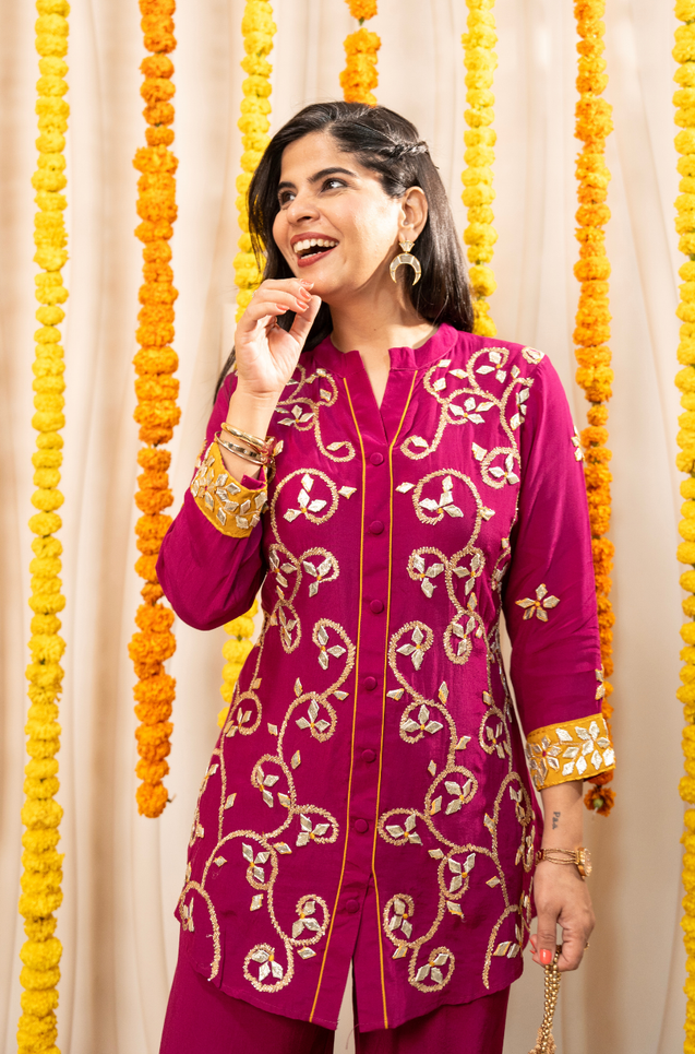 NAZM-  Magenta Pink Embroidered Two Piece Pathani Set